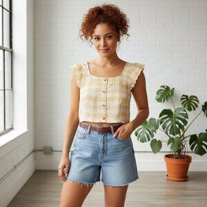 Rebellion Again backless tank top with tie tan plaid NWT Large